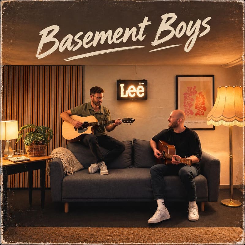 Tom und Jochen mit ihren Gitarren auf dem Sofa im Keller.